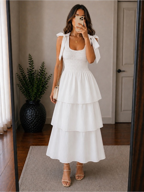 Cleobella Dresses & Skirts - CLEOBELLA Kaiya Ruffle Tea Dress Smocked White Tiered Bow Coquette Cottagecore S